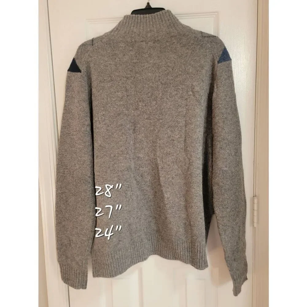J.Crew Wool Argyle Grey Blue Sweater 1/2 Zip L